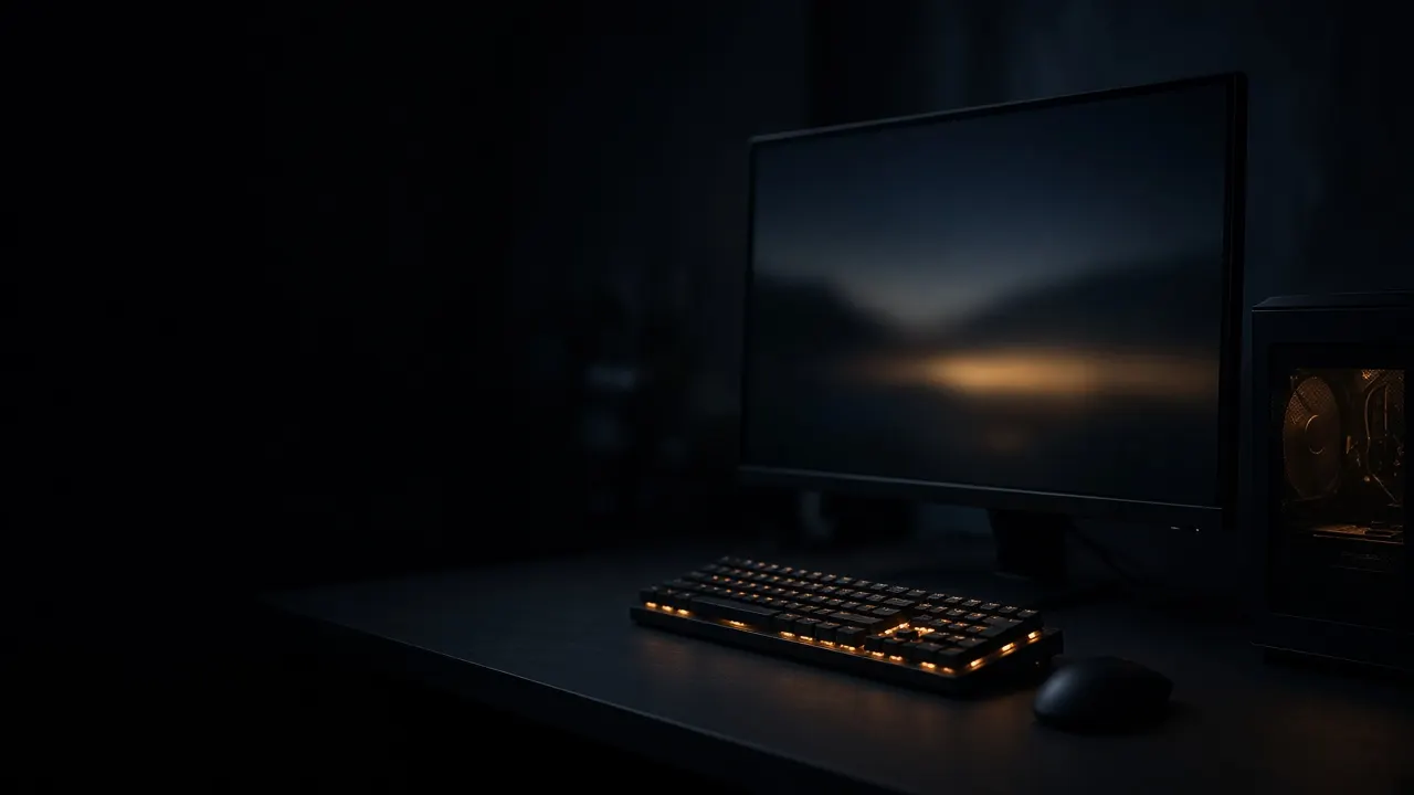 A dark gaming desk at night, with a high refresh rate monitor and a glowing PC