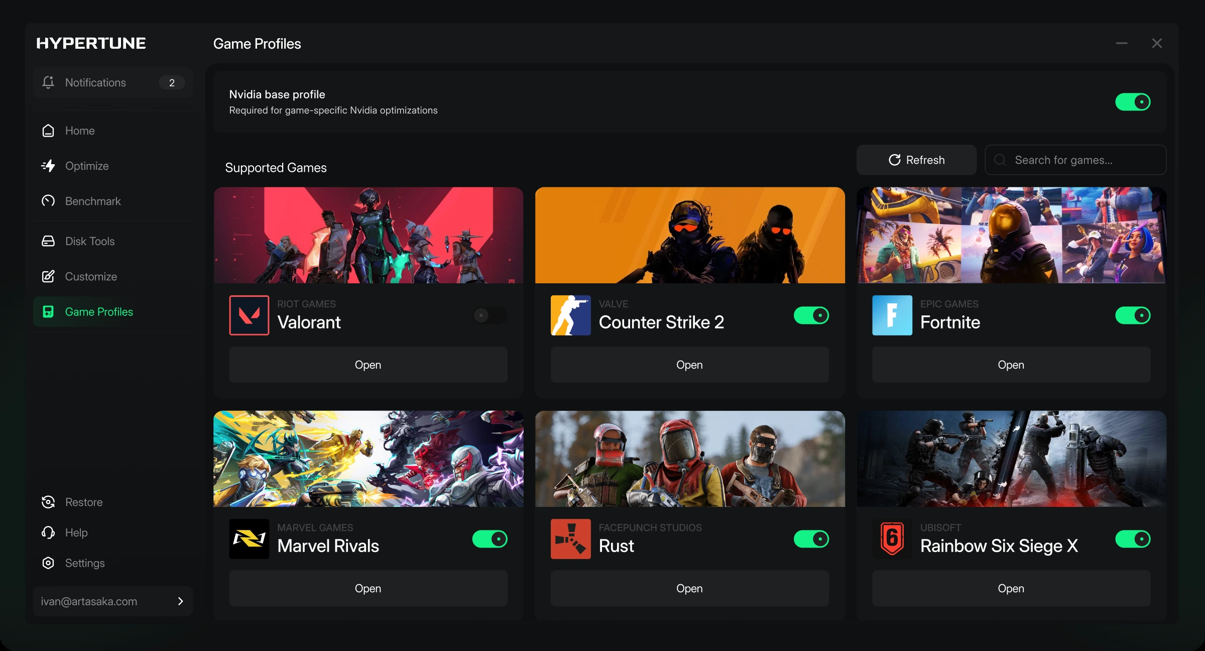 Hypertune Game Profiles screen listing supported games, including Valorant
