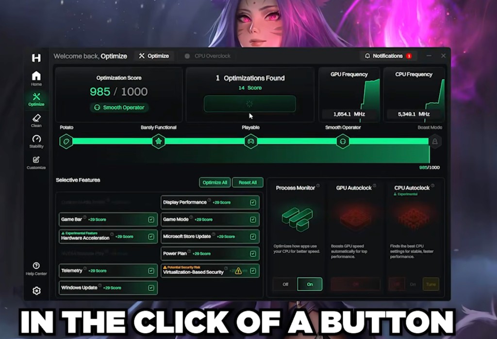Hypertune Optimize screen, optimization score 985 of 1000, with Game Bar, Game Mode, Power Plan, Telemetry, Process Monitor, GPU Autoclock and CPU Autoclock